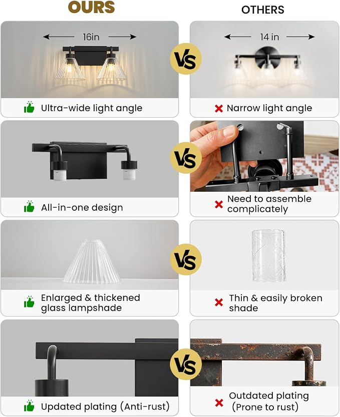 AIJIASI Bathroom Vanity Light 2-Light Modern Black Bathroom Light Fixtures Over Mirror with Ribbed Glass Shade, 16 Inch Vanity Lighting Fixtures for Bedroom Living Room Hallway