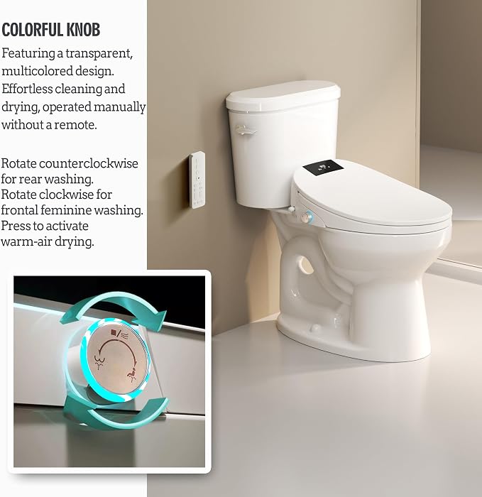 WLJBIDET Toilet Seat Bidet with Warm Water and Drying, O80KR - Round | Remote Control, Multiple Cleaning Modes, Adjustable Temperature, Soft Close Lid, LED Display, Nightlight