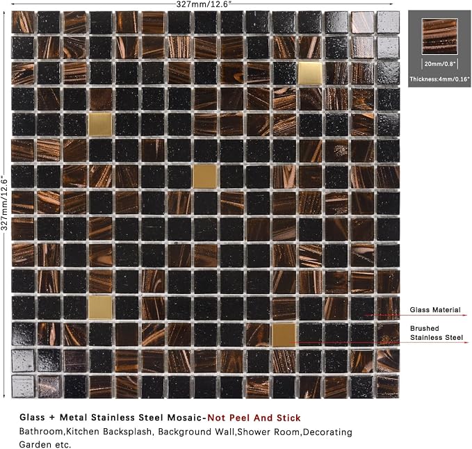11.5 sq.ft Black Brown Glass Mosaic Tile for Bathroom, Pool, Backsplash | Waterproof Wall & Floor Tile. Heat & frost resistant outdoors. Mesh-mounted easy install. Use any grout. Easy clean. 10pcs.