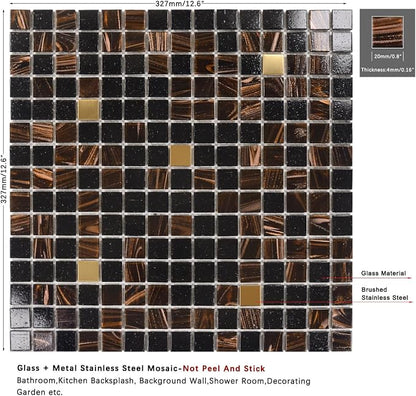 11.5 sq.ft Black Brown Glass Mosaic Tile for Bathroom, Pool, Backsplash | Waterproof Wall & Floor Tile. Heat & frost resistant outdoors. Mesh-mounted easy install. Use any grout. Easy clean. 10pcs.