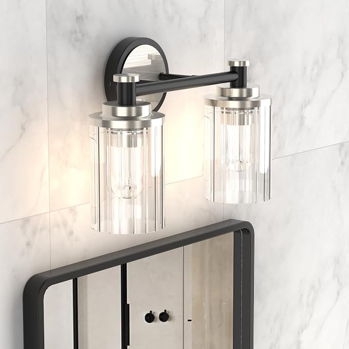 Bathroom Lighting Fixtures Black and Brushed Nickel Bathroom Vanity Light with Cylindrical Clear Stripes Glass Lampshade E26 Socket Base Bathroom Lighting Fixtures Over Mirror (2 Lights)