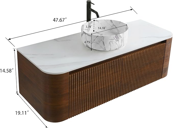 48" Preassembled Floating Bathroom Vanity with Carrara Finish Sink, Walnut | Mid-Century Modern Style, Fluted & Soft-Close Drawer with U-shaped Wall, Sinterted Stone Countertop, Towel Rack Included