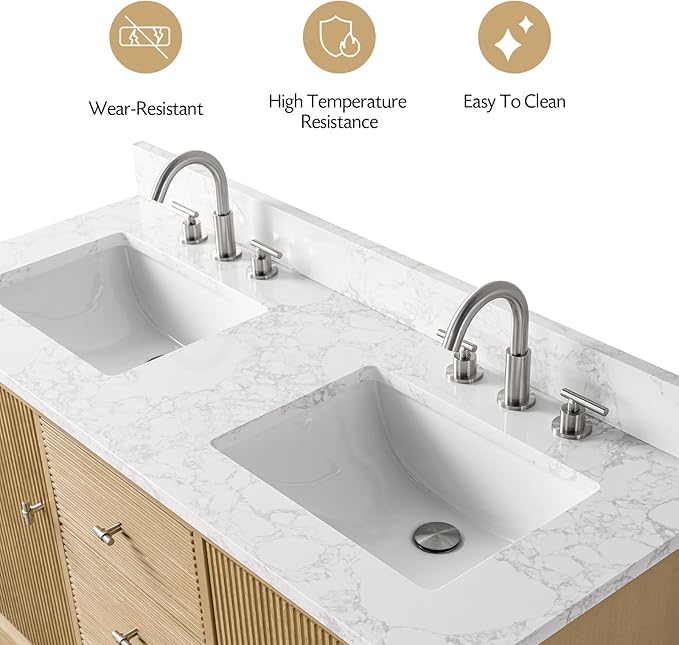 Vanity Art 54" Bathroom Vanity with Double Sink & Arabescato White Engineered Stone Top, Vanity Cabinet with Soft Closing Door, Solid Wood Frame, Golden Brushed Handles, Natural Oak VA8154D-NO-GB