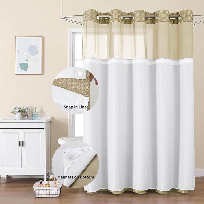 Colorful Star Beige No Hook Waffle Shower Curtain Set, 36" W x 75" L | Snap-In Fabric Liner, Mesh Top Window, Heavy-Duty Waffle Fabric, Waterproof Hotel Style Shower Curtain for Bathroom
