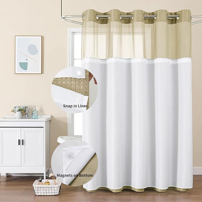 Colorful Star Beige No Hook Waffle Shower Curtain Set, 36" W x 75" L | Snap-In Fabric Liner, Mesh Top Window, Heavy-Duty Waffle Fabric, Waterproof Hotel Style Shower Curtain for Bathroom