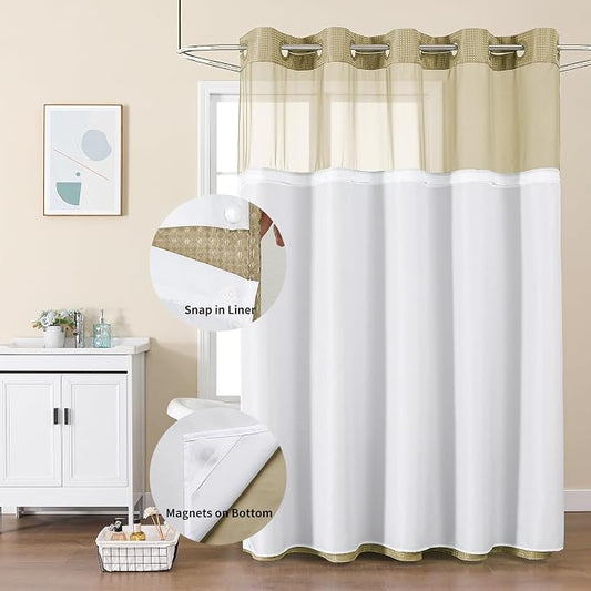 Colorful Star Beige No Hook Waffle Shower Curtain Set, 36" W x 75" L | Snap-In Fabric Liner, Mesh Top Window, Heavy-Duty Waffle Fabric, Waterproof Hotel Style Shower Curtain for Bathroom