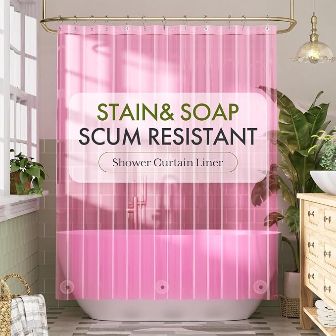 Bathway Shower Curtain Liner Pink Clear Shower Curtain Liner 72x72 PEVA Waterproof Shower Curtain Liner Plastic with 3 Magnets and 12 Rustproof Metal Grommets, Lightweight Shower Liner for Bathroom