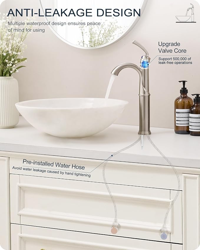 Brass Vessel Faucet Brushed Nickel, 1 Hole Tall Faucet for Bathroom Sink with Single Handle, Pop Up Drain & cUPC Water Hoses, Classic Aerator Style for Vessel Sink, 5 Mins Quick Installation