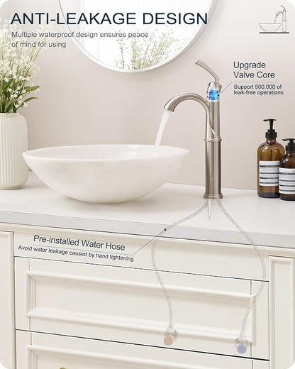 Brass Vessel Faucet Brushed Nickel, 1 Hole Tall Faucet for Bathroom Sink with Single Handle, Pop Up Drain & cUPC Water Hoses, Classic Aerator Style for Vessel Sink, 5 Mins Quick Installation