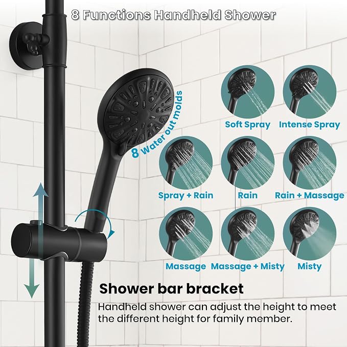 gotonovo Exposed Shower System Wall Mount,Matte Black,ABS Handheld | 8” Rain Shower Head Faucet Set Fixtures,2 Function,Two Cross Handle,Height Adjustable,for 5-6.7" Hole,Indoor Victorian Retro