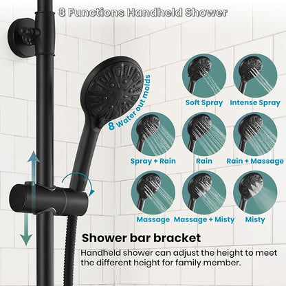 gotonovo Exposed Shower System Wall Mount,Matte Black,ABS Handheld | 8” Rain Shower Head Faucet Set Fixtures,2 Function,Two Cross Handle,Height Adjustable,for 5-6.7" Hole,Indoor Victorian Retro