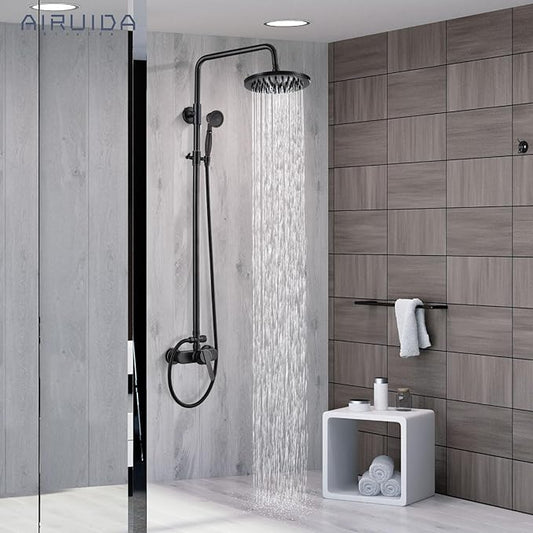 Airuida Exposed Shower System,8 Inch Rainfall Shower Head with Handheld Spray,Single Handle Wall Mount Shower Faucet Set,Solid Brass Dual Function Exposed Pipe Fixture for Bathroom,Oil Rubbed Bronze