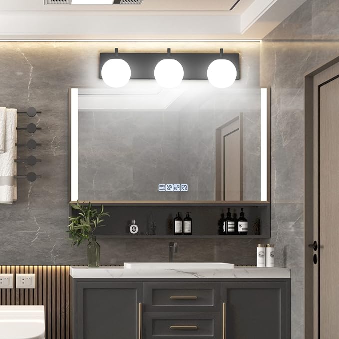 Aipsun Matte Black Vanity Light 3 Lights Modern Bathroom Light Fixture Over Mirror with Milky White Glass Shades, Black Wall Light for Bathroom (Exclude Bulb)