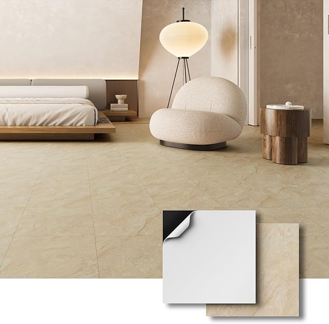 ATOPOSE Peel and Stick Vinyl Floor Tiles 10-Pack 12 x 12 inch, Self Adhesive Waterproof Flooring for Kitchen, Dining Room, Bedrooms, Cover 10 Sq.Ft, Beige Stone