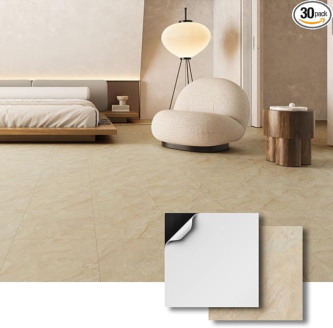 ATOPOSE Waterproof Peel and Stick Floor Tile,Marble Effect,Easy DIY Install | 12 x 12 inch 30-Pack,Cover 30 Sq.Ft,Durable, Stylish & Fast Floor Renovation for Kitchen, Dining Room, Bedrooms,Beige Stone
