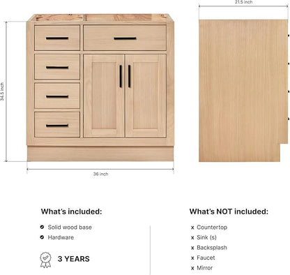 ARIEL Hepburn 36-inch Bathroom Vanity Base Cabinet,Solid Wood, 2 Soft Closing Doors, 5 Dovetail Drawers, White Oak