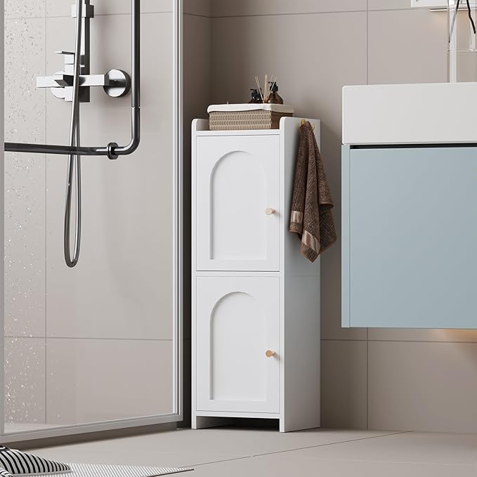 Small Bathroom Storage Cabinet,Corner Floor Cabinet with 2 Doors and Adjustable Shelf, Narrow Toilet Paper Cabinets with 2Hooks,Toilet Organizer for Small Spaces，7.87"D*9.84"W*29.72"H(White)
