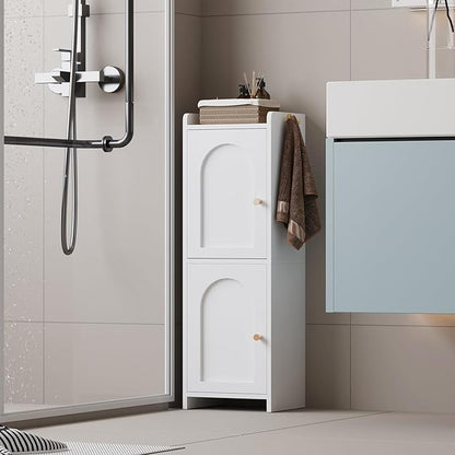 Small Bathroom Storage Cabinet,Corner Floor Cabinet with 2 Doors and Adjustable Shelf, Narrow Toilet Paper Cabinets with 2Hooks,Toilet Organizer for Small Spaces，7.87"D*9.84"W*29.72"H(White)