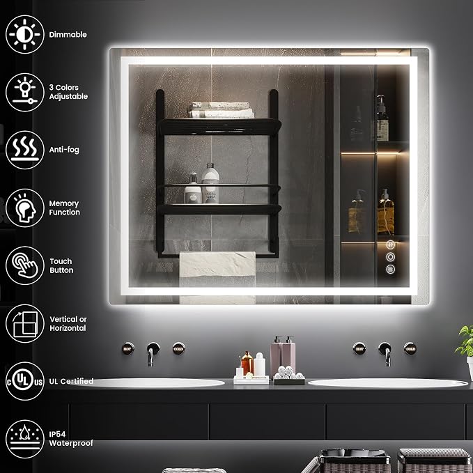 32" x 40" LED Bathroom Mirror with Lights, Memory Vanity Mirror | Anti-Fog, 3 Color Modes, Dimmable, Front Lit, Memory Function, Tempered Glass, Lighted Bathroom Mirror for Wall