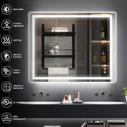 32" x 40" LED Bathroom Mirror with Lights, Memory Vanity Mirror | Anti-Fog, 3 Color Modes, Dimmable, Front Lit, Memory Function, Tempered Glass, Lighted Bathroom Mirror for Wall
