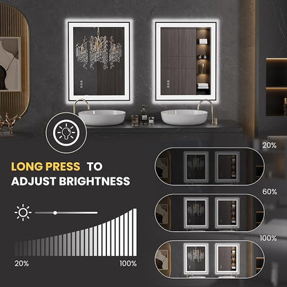 LOAAO 28"X36" LED Bathroom Mirror Black Framed | Anti-Fog, Dimmable, Memory Function, Tempered Glass, Lighted Vanity Mirror for Wall