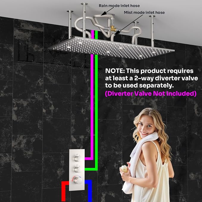 2-Functions Luxury High Pressure Rain Shower Head, 16"x32" Large Ceiling Full Body Shower Head with Silicone Nozzles Rectangle Mist Showerhead, Brushed Nickel Finish