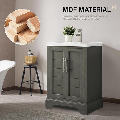 HOMEBEYOND 24 Inch Bathroom Vanity with Single Sink & Ceramic Top, Vanity Cabinet with Center Countertop Basin, Soft-Closing Doors,Sliver Grey