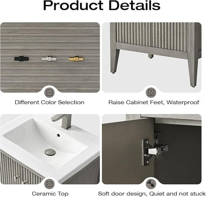 Vanity Art 24 inch Bathroom Vanity with Single Sink & Ceramic Top, Vanity Cabinet with Soft-Closing Door, Solid Wood Frame, Linear Pattern, Driftwood Gray, VA9124-DG-MB,Matte Black Handles