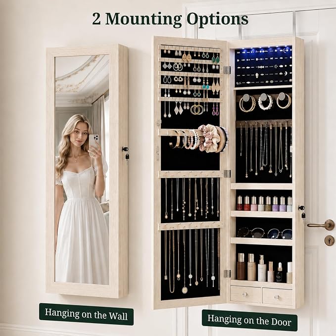 Jewelry Armoire, 47.2" Tall Lockable Jewelry Organizers and Storage Cabinet with Full-Length Mirror, 6 LEDs Mirror Jewelry Cabinet, Wall or Door Mounted Jewelry Storage for Women Bedroom, Gift Idea