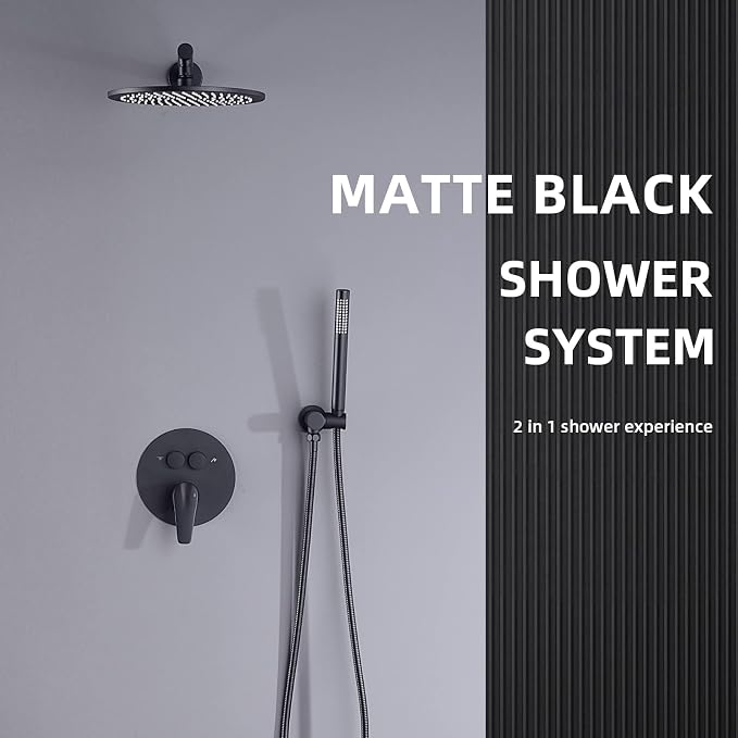 TRUSTMI 10" Push Button Rain Shower, Pressure Balanced Valve, Matte Black | Solid brass wall mount kit with handheld sprayer. cUPC anti-scald valve protects the whole family