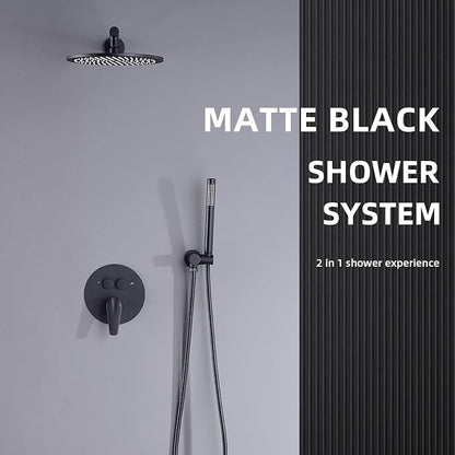 TRUSTMI 10" Push Button Rain Shower, Pressure Balanced Valve, Matte Black | Solid brass wall mount kit with handheld sprayer. cUPC anti-scald valve protects the whole family