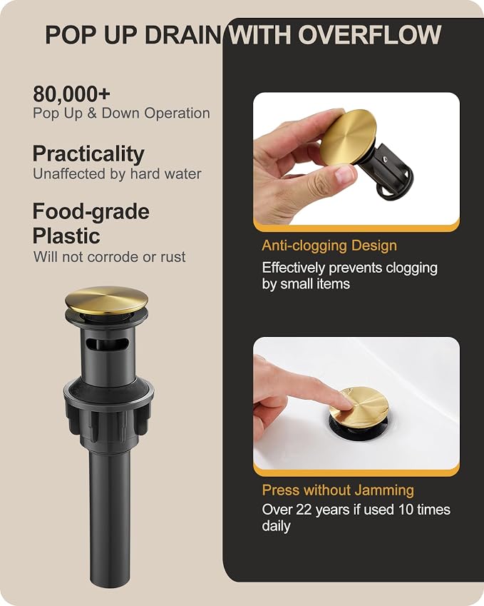 Bathroom Sink Faucet 3 Hole, 8 Inch Gold Bathroom Faucet with Drain | Lead-Free Brass, Widespread 2 Handles, Pre-installed cUPC Supply Hoses, For Rv Lavatory Restroom Vanity, 10 Mins Installation