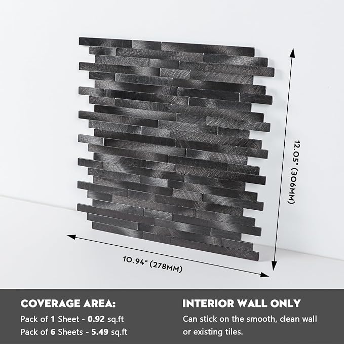 Peel and Stick Backsplash Linear Tile for Kitchen, Self Adhesive Brushed Aluminum Stick on Wall Tiles for Bathroom Fireplace (12 Sheets, Pewter)