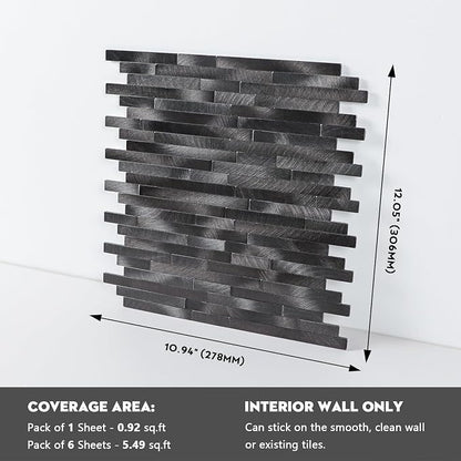 Peel and Stick Backsplash Linear Tile for Kitchen, Self Adhesive Brushed Aluminum Stick on Wall Tiles for Bathroom Fireplace (12 Sheets, Pewter)