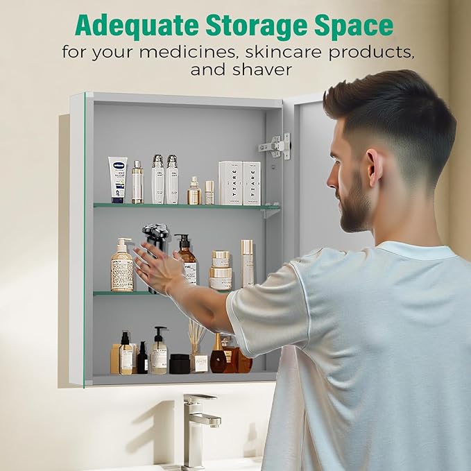 24 x 32 Inch Medicine Cabinet Mirror,Bathroom Mirror Cabinet with Adjustable Shelves,Aluminum Silver Medicine Cabinets for Bathroom,Recessed or Wall Mounted Medicine Cabinets