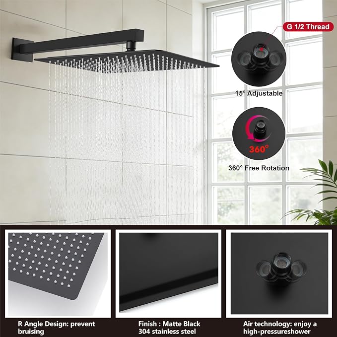 Midanya Shower System with Tub Spout,16 Inch Shower Head,Matte Black | with Valve & Trim Kit,Square Rain Head,Handheld Sprayer,Waterfall Spout,All Metal Wall Mount Bathroom Shower Tub Faucet Set