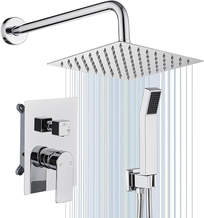 Shower Faucet Set With 8" Shower Head And Handheld Chrome | Wall Mounted Shower System Valve Include 2 Function