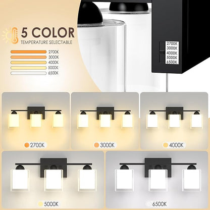 Quntis Black Bathroom Lighting Fixtures Over Mirror with 5 Color Modes, 3 Light Dimmable LED Bathroom Vanity Light, with Eye Care Milk White Frosted Glass, 21W Energy Saving, 16 Inch (Bulbs Included)