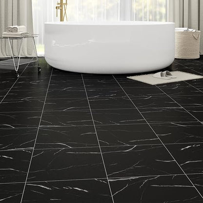 40-Pack Peel and Stick Floor Tiles Vinyl Floor 12 x 12 inch Self Adhesive Waterproof Flooring Planks DIY for Bathroom, Kitchen, Living Room, RV, Cover 40 Sq. Ft, Black Vein Marble