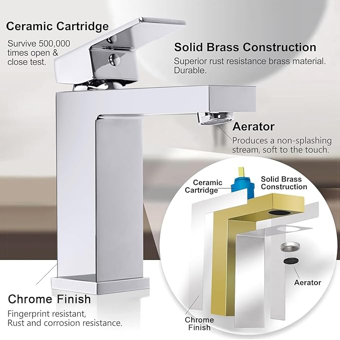 Solid Brass Chrome Bathroom Faucet, Bathroom Sink Faucet for 1 Hole,CEC & cUPC Certified Lead-Free Single Handle Vanity Faucet with Two Flexible Hoses(Hot and Cold) & Pop Up Drain Stopper