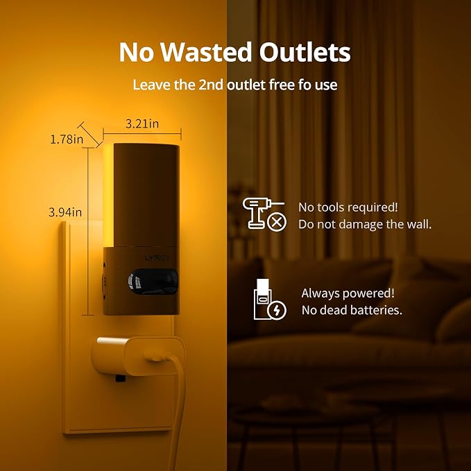 Plug-in LED Amber Night Light with Motion Sensor, Rotatable, Dimmable Backlit Nightlight, 1-150lm Adjustable Brightness for Bathroom, Bedroom, Hallway, Stairs, 2 Pack