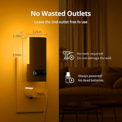 Plug-in LED Amber Night Light with Motion Sensor, Rotatable, Dimmable Backlit Nightlight, 1-150lm Adjustable Brightness for Bathroom, Bedroom, Hallway, Stairs, 2 Pack