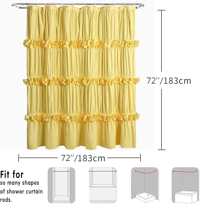 Homechoice Decor Bright Yellow Shower Curtain with 12 Buttonholes | Vintage Handcrafted Bow Tie Bath Curtain for Master Bathroom, Ruched Microfiber Bathroom Curtain, 72" W x 72" H (LQ-10)