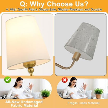 Bathroom Light Fixtures, 4-Light Brushed Gold Vanity Lights, 34" Bathroom Lighting Fixtures Over Mirror with White Flared Fabric Shade, Modern Wall Sconces for Bathroom Bedroom Living Room Hallway