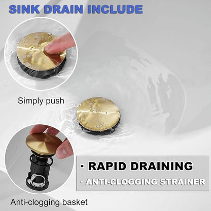 Gold Waterfall Bathroom Faucet Single Hole Single Handle | SUS 304 Stainless Steel,with Pop Up Drain Assembly & Deck Plate,Lavatory Rv Vanity Mixer Tap,3/8" Supply Hoses,Deck Mount