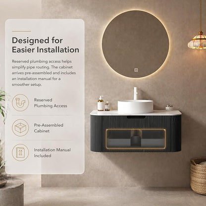 36 Inch Bathroom Vanity with Sink, Floating Wall Mounted Single Sink Vanity, Black Curved Fluted Front, Stone Top, Pure White Round Vessel Basin, Pre-Assembled