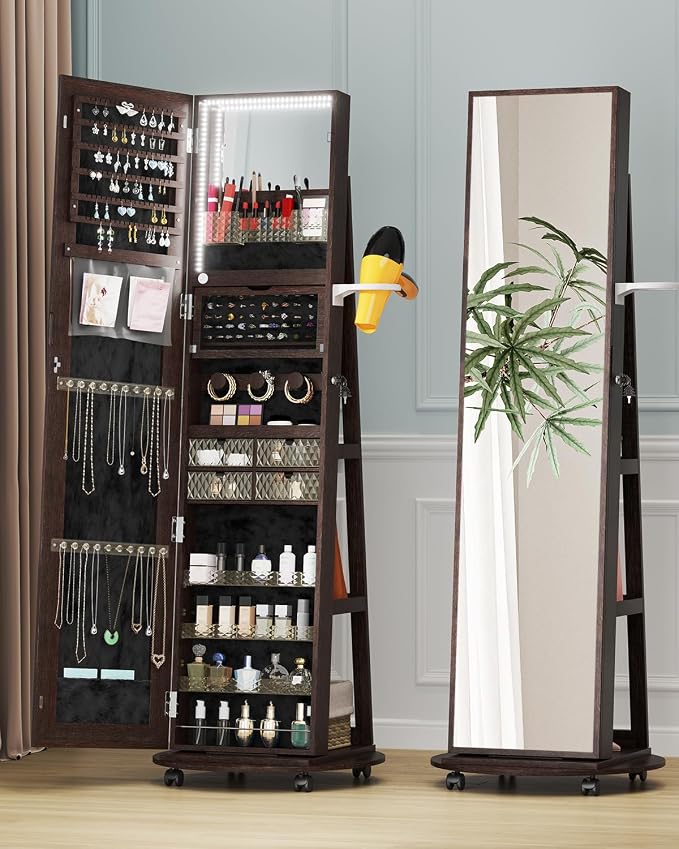 360 Rotating Jewelry Armoire Organizer with Lights, Lockable Cabinet Standing, Perfect for Christmas Gifts (Brown)