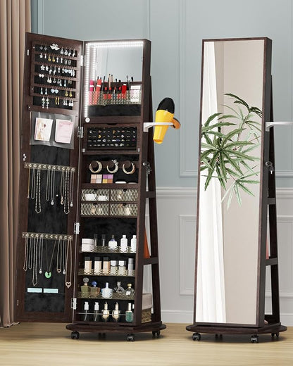 360 Rotating Jewelry Armoire Organizer with Lights, Lockable Cabinet Standing, Perfect for Christmas Gifts (Brown)