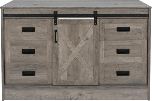 48" Barn Door Bathroom Vanity with 6 Drawers, Farmhouse Style Standing Pedestal Cabinet Without Sink