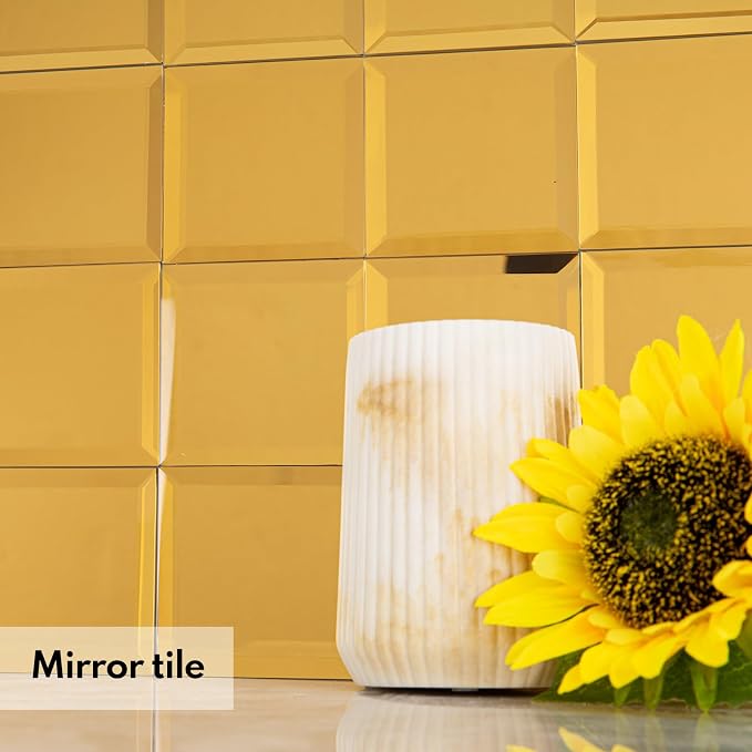 Peel and Stick 3 Inch Gold Mirror Backsplash, Square Tile for Kitchen Bathroom (32 Sheets, 2 SQ.FT.)